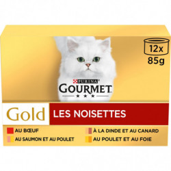 PURINA GOURMET - Les Noisettes Pâtée chat Gold buf saumon dinde canard poulet foie - boite de 12 boîtes de 85 g Sonico.fr
