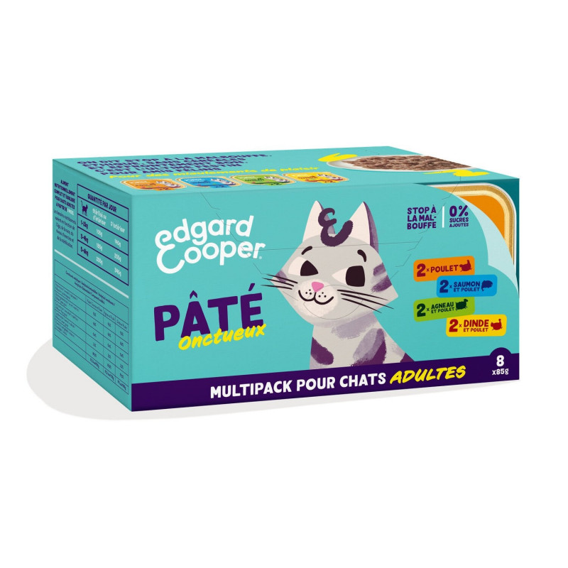 EDGARD COOPER - Pâtée pour chat Adulte au poulet saumon agneau dinde - boite de 8 barquettes de 85 g Sonico.fr