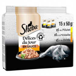 SHEBA - Délices du Jour Pâtée pour chat en sauce au poulet volaille dinde - boite de 15 sachets de 50 g Sonico.fr