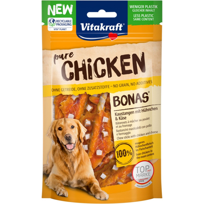 VITAKRAFT - Pure Chicken Bonas de poulet et dés de fromage Récompenses pour chien - sachet de 80 g Sonico.fr