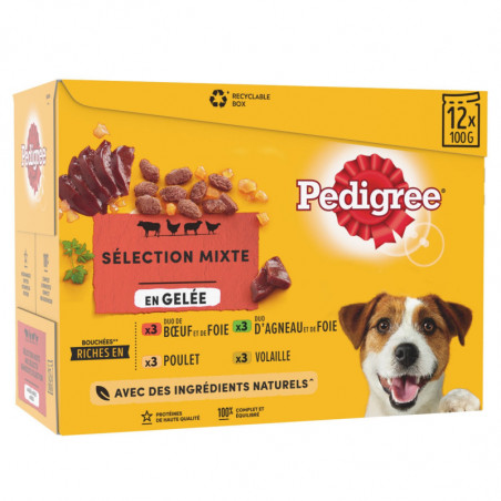 PEDIGREE - Sélection Mixte en gelée Pâtée pour chien Adulte au buf poulet agneau - boite de 12 sachets de 100 g Sonico.fr