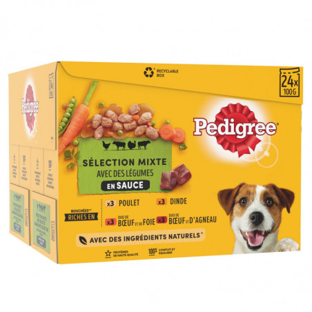 PEDIGREE - Sélection Mixte avec Légumes en sauce au poulet dinde buf - boite de 24 sachets de 100 g Sonico.fr