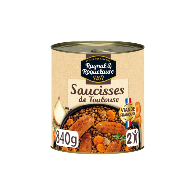 RAYNAL ET ROQUELAURE - Saucisses de Toulouse aux lentilles cuisinées - boite de 840 g Sonico.fr