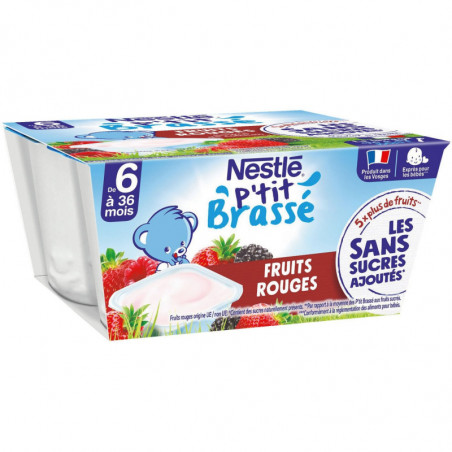 NESTLE - P'tit Brassé Fruits rouges Dessert bébé dés 6 mois - paquet de 4 pots de 90 g Sonico.fr
