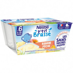 NESTLE - P'tit Brassé Banane Pêche Dessert bébé dés 6 mois - paquet de 4 pots de 90 g Sonico.fr