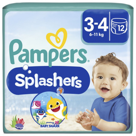 PAMPERS - Splashers Baby Shark Taille 3-4 6kg-11kg Couches-Culottes de Bain Jetable - paquet de 12 couches de bain Sonico.fr