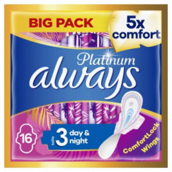 ALWAYS - Platinum Day Night Taille 3 - Serviette Hygiénique Avec Ailettes - paquet de 16 serviettes Sonico.fr