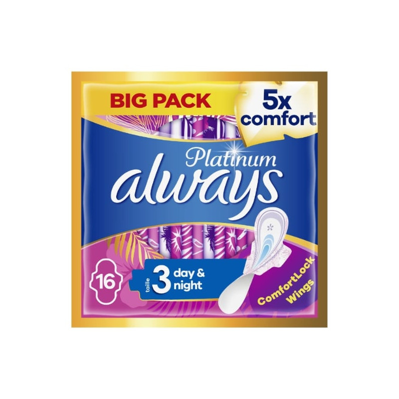 ALWAYS - Platinum Day Night Taille 3 - Serviette Hygiénique Avec Ailettes - paquet de 16 serviettes Sonico.fr
