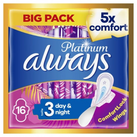 ALWAYS - Platinum Day Night Taille 3 - Serviette Hygiénique Avec Ailettes - paquet de 16 serviettes Sonico.fr