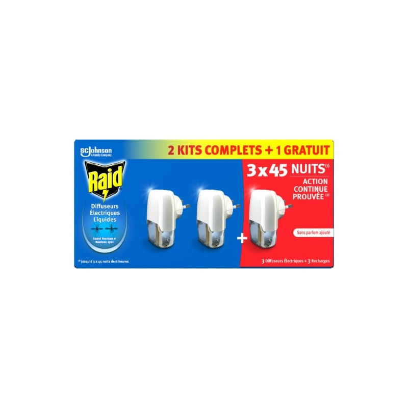RAID - 3 Kits Complets Diffuseur Electrique Liquide anti-moustiques 45 nuits + 1 recharges - 27 ml Sonico.fr