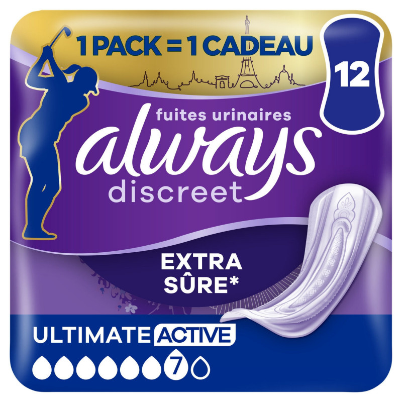 ALWAYS - Discreet Extra Sûre Ultimate Active Jour Serviettes Hygiénique - paquet de 12 serviettes Sonico.fr