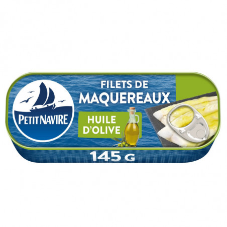 PETIT NAVIRE - Filet de Maquereaux huile olive sans peau - boite de 145 g Sonico.fr