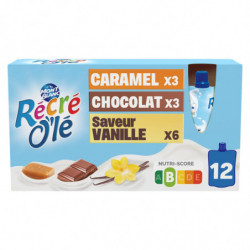 MONT BLANC - Récré O'lé Crème dessert assortiment Caramel Chocolat Vanille - paquet de 12 gourdes de 85 g Sonico.fr
