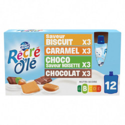 MONT BLANC - Récré O'lé Crème dessert assortiment Biscuit Caramel Chocolat Noisette - paquet de 12 gourdes de 85 g Sonico.fr