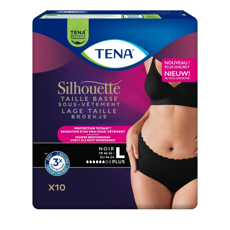 TENA - Silhouette Noire Plus Taille Basse Taille L Fuites Urinaires - paquet de 10 Culottes Sonico.fr