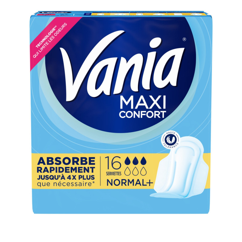 VANIA - Maxi Confort Normal + Plus Parfum Fresh Serviettes hygiéniques - paquet de 16 serviettes Sonico.fr