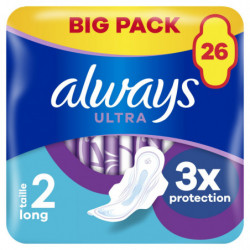 ALWAYS - Ultra Long Taille 2 Serviette Hygiénique avec Ailettes - paquet de 26 serviettes Sonico.fr