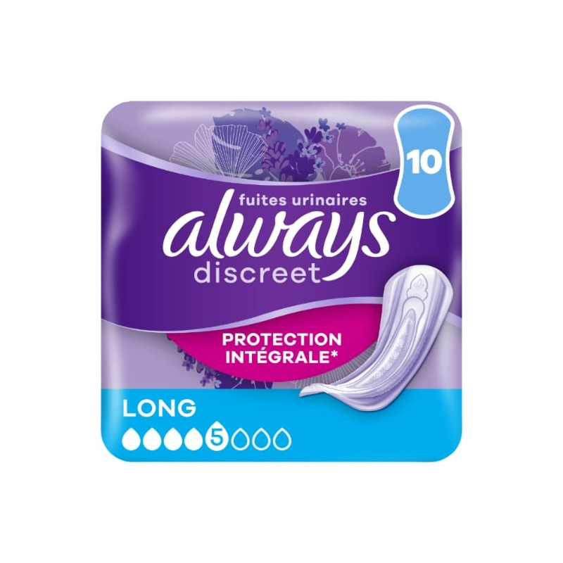 ALWAYS - Discreet Long 5 gouttes Fuites Urinaires - paquet de 10 Serviettes Hygièniques Sonico.fr