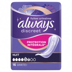 ALWAYS - Discreet Nuit 5 gouttes Serviettes fuites urinaires - paquet de 16 serviettes Sonico.fr