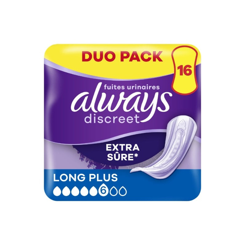 ALWAYS - Discreet Long Plus 6 gouttes Serviettes incontinence - Paquet de 16 serviettes Sonico.fr