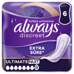 ALWAYS - Discreet Ultimate Nuit Extra Sûre 8 gouttes Serviettes fuites urinaires - paquet de 6 serviettes Sonico.fr