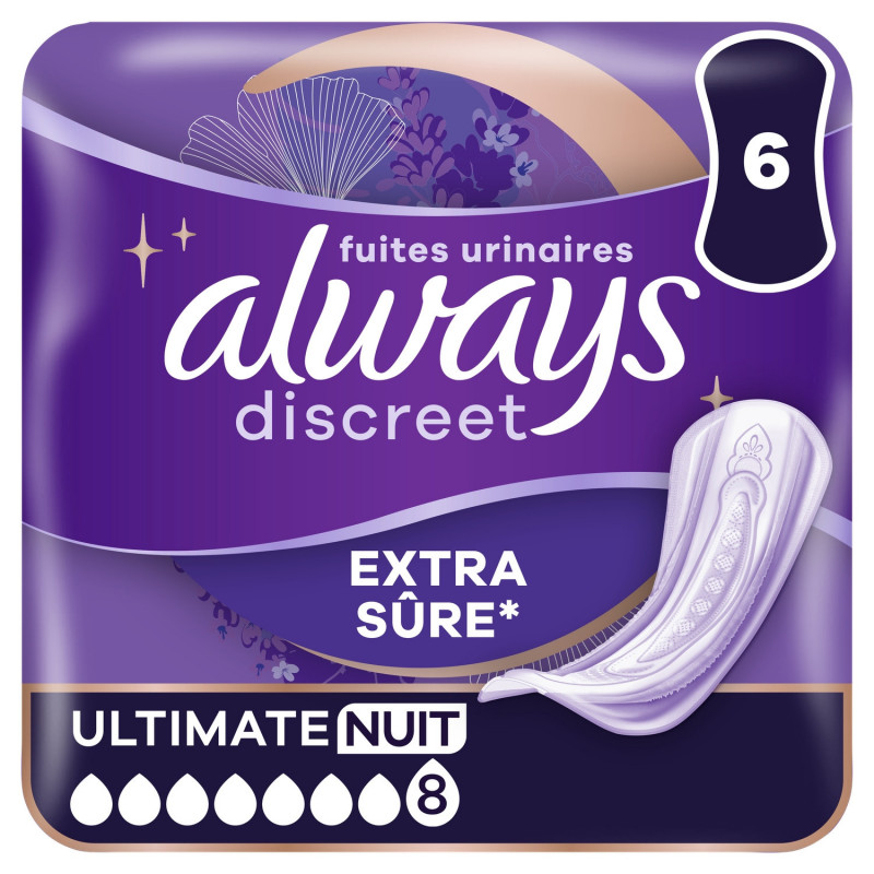 ALWAYS - Discreet Ultimate Nuit Extra Sûre 8 gouttes Serviettes fuites urinaires - paquet de 6 serviettes Sonico.fr