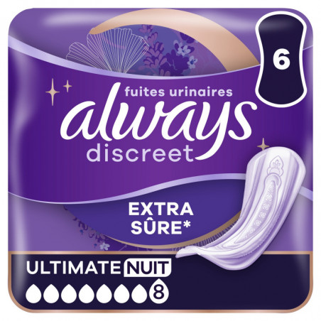 ALWAYS - Discreet Ultimate Nuit Extra Sûre 8 gouttes Serviettes fuites urinaires - paquet de 6 serviettes Sonico.fr