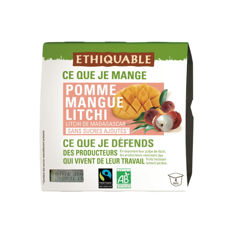 ETHIQUABLE - Compote Pomme Mangue Litchi Sans Sucre Ajouté Bio - paquet de 4 pots de 100 g Sonico.fr