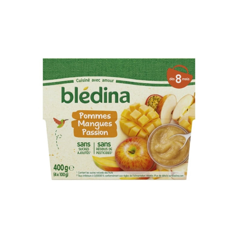 BLEDINA - Compote Pommes Mangues Passion dès 8 mois - paquet de 4 pots de 100 g Sonico.fr