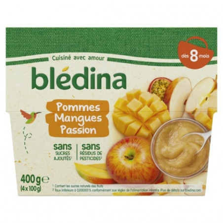 BLEDINA - Compote Pommes Mangues Passion dès 8 mois - paquet de 4 pots de 100 g Sonico.fr