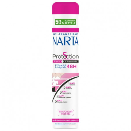 NARTA - Protection 5 Peau Vêtements 48h Fraicheur Propre Deodorant Femme - spray de 200 ml Sonico.fr