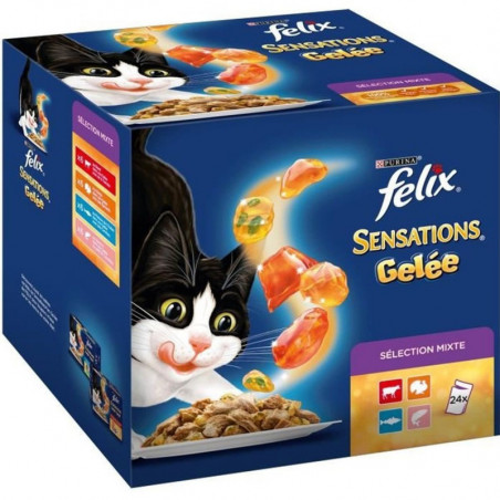 PURINA - FELIX Sensations Gelée pour chat Sélection Mixte - 24 sachets de 100g - Boîte de 2,4 kg  Sonico.fr