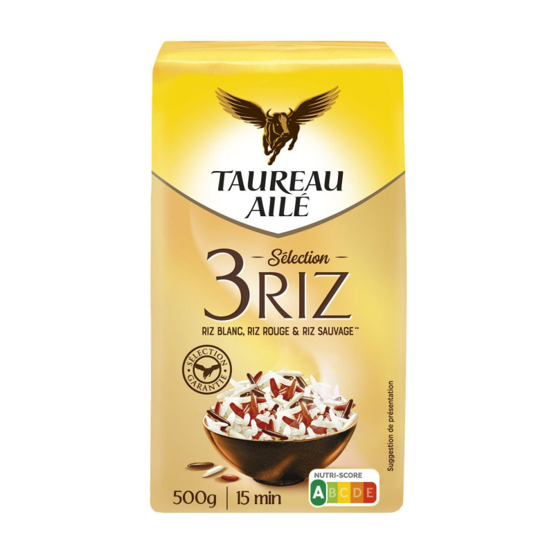 TAUREAU AILE - Sélection 3 Riz Blanc Rouge Sauvage Long Grain - paquet de 500 g Sonico.fr