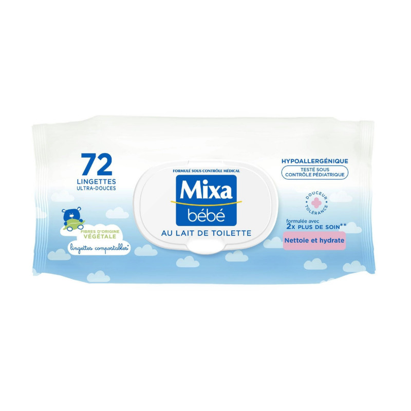 MIXA Bébé - Lingettes au lait de toilette nettoyantes - paquet de 72 lingettes Sonico.fr