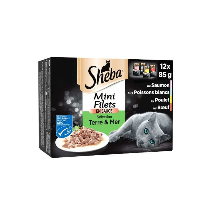 SHEBA - Mini Filets en Sauce Sélection Terre Mer Pâtée pour chat - paquet de 12 sachets de 85 g Sonico.fr