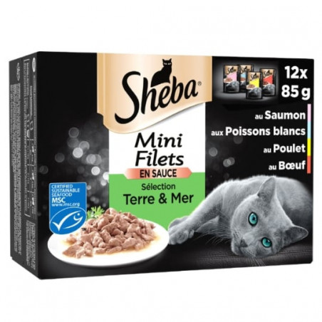 SHEBA - Mini Filets en Sauce Sélection Terre Mer Pâtée pour chat - paquet de 12 sachets de 85 g Sonico.fr