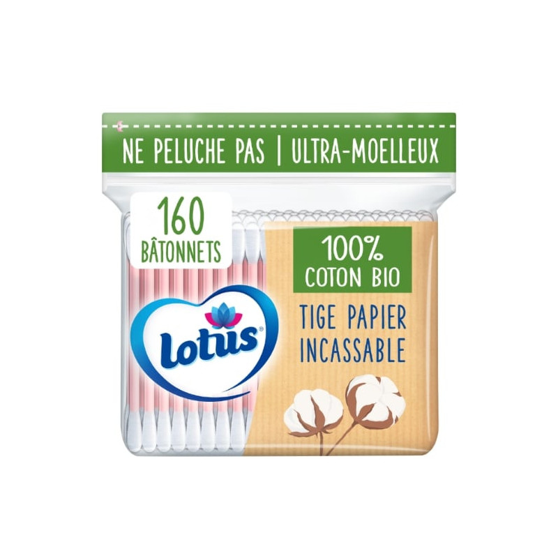 LOTUS - Coton-tiges Coton bio - sachet de 160 bâtonnets Sonico.fr