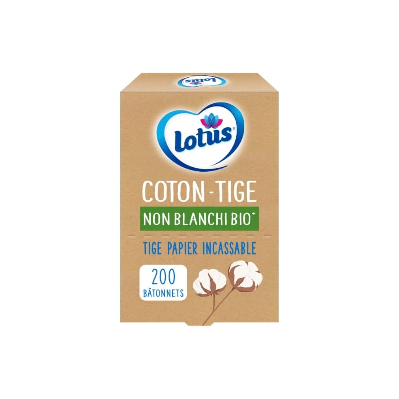 LOTUS - Coton-tiges en papier et Coton Bio non blanchi - boite de 200 bâtonnets Sonico.fr