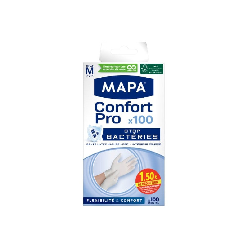 MAPA - Confort Pro Stop Bactéries Taille M Gants Latex - Boîte de 100 gants Sonico.fr