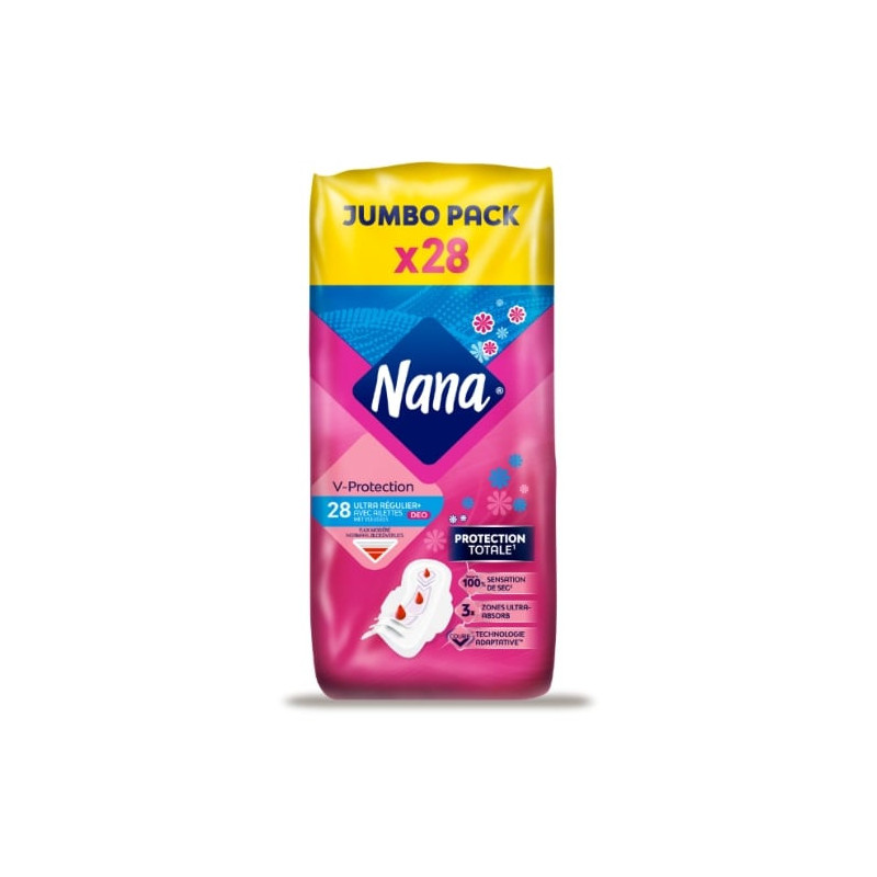 NANA - Ultra Régulier Plus Deo V-protection Serviettes hygiéniques avec ailettes - paquet de 28 Serviettes Sonico.fr