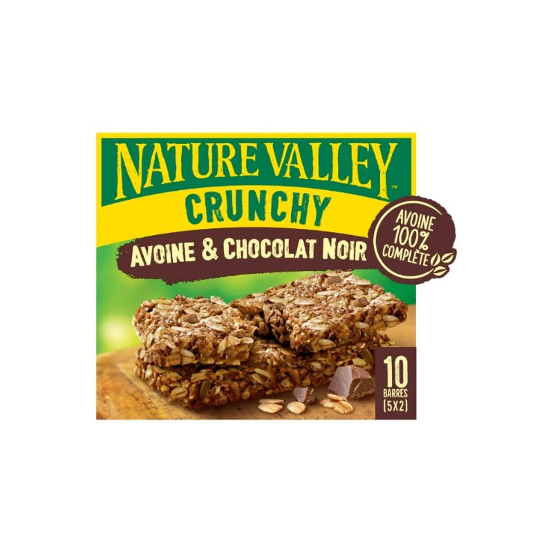 NATURE VALLEY - Barres Céréales Crunchy Avoine et Chocolat Noir - boîte de 5 sachets de 2 barres - 210 g Sonico.fr
