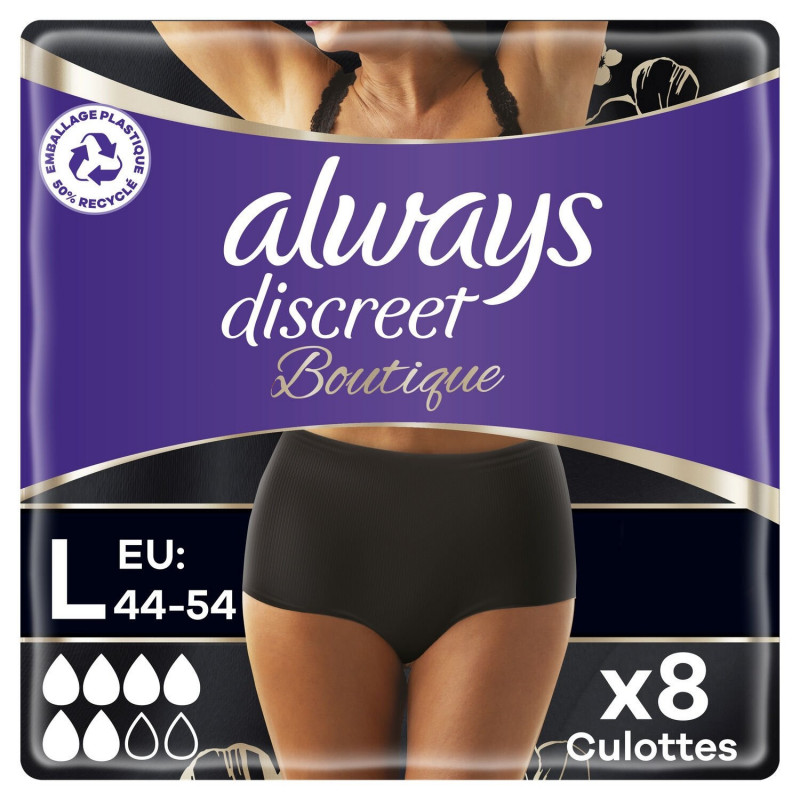 ALWAYS - Discreet Culottes Noires Plus Taille L Fuites Urinaires - paquet de 8 Culottes Sonico.fr