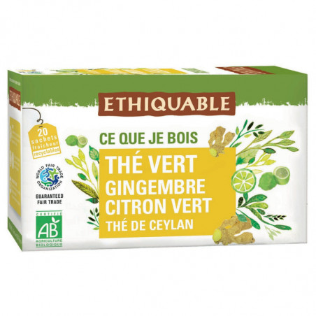ETHIQUABLE - Thé vert bio de ceylan Gingembre Citron Vert - boite de 20 Sachets Sonico.fr