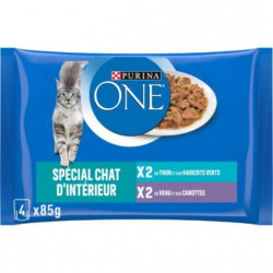 PURINA ONE - Spécial Chat d'intérieur Patée Assortiment Thon Veau - 4 sachets de 85 g Sonico.fr