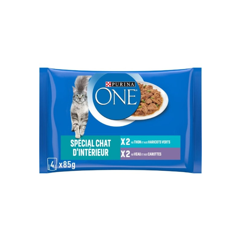 PURINA ONE - Spécial Chat d'intérieur Patée Assortiment Thon Veau - 4 sachets de 85 g Sonico.fr