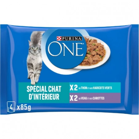 PURINA ONE - Spécial Chat d'intérieur Patée Assortiment Thon Veau - 4 sachets de 85 g Sonico.fr