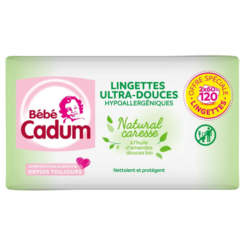 BEBE CADUM - Lingettes Natural Caresse bio 100% coton - 120 lingettes Sonico.fr