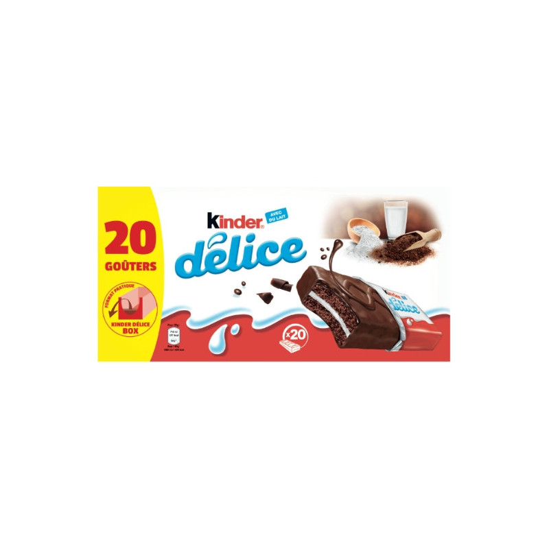 KINDER - Délice Petit gâteau enrobé au cacao et fourré au lait -  paquet de 20 - 780 g  Sonico.fr