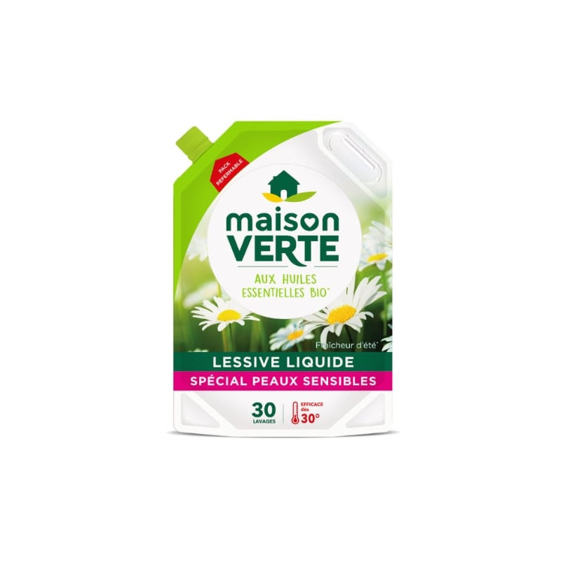 MAISON VERTE - Hypoallergénique Fraicheur d'été - Lessive liquide écologique 30 Lavages - 1,92 L Sonico.fr