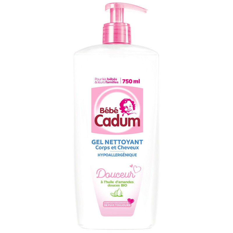 BEBE CADUM - Gel Nettoyant Corps et Cheveux sans savon à l'huile d'amande douce bio - pompe de 750 ml Sonico.fr
